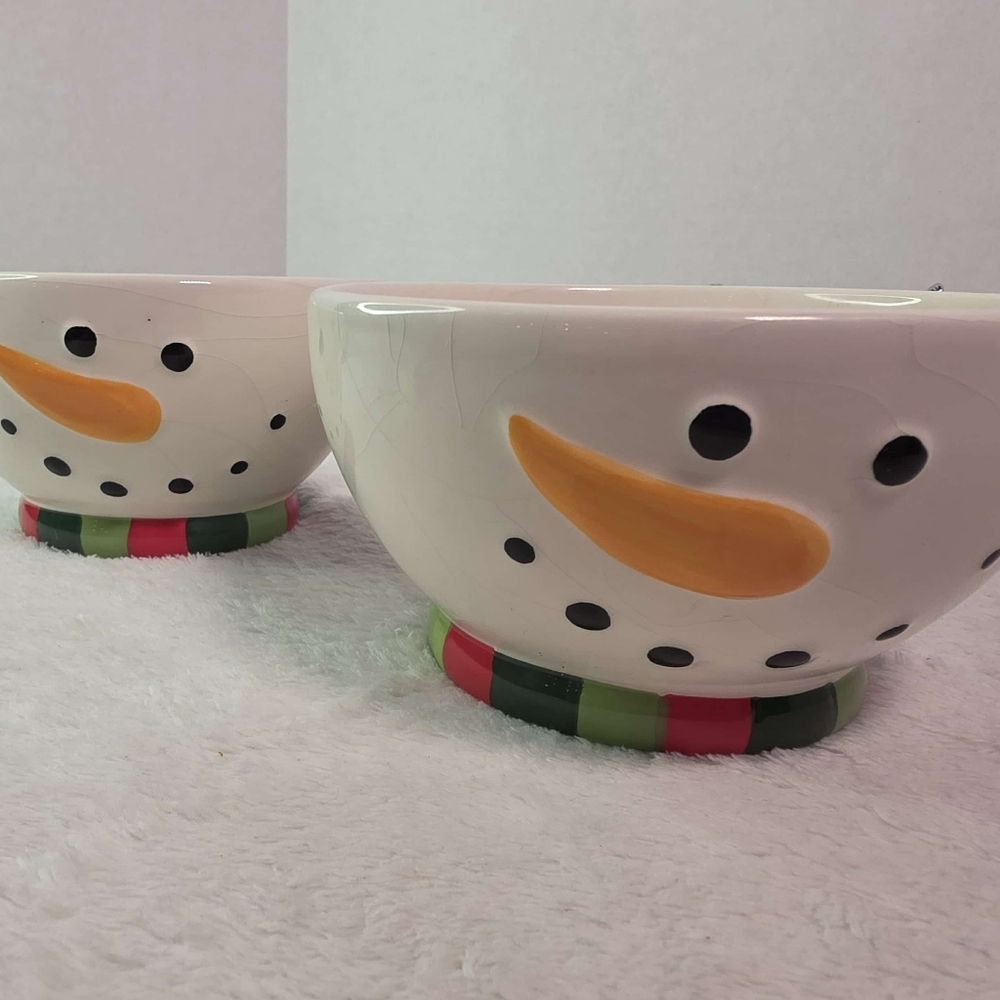 Cracker Barrel Christmas Merry Merry Snowman 2-Piece Ceramic Bowls
